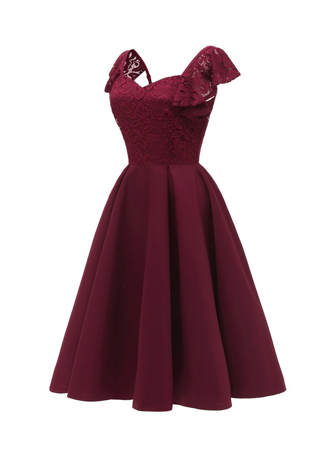 Lace Insert Ruffle Sleeve Dress Burgundy - Image 2