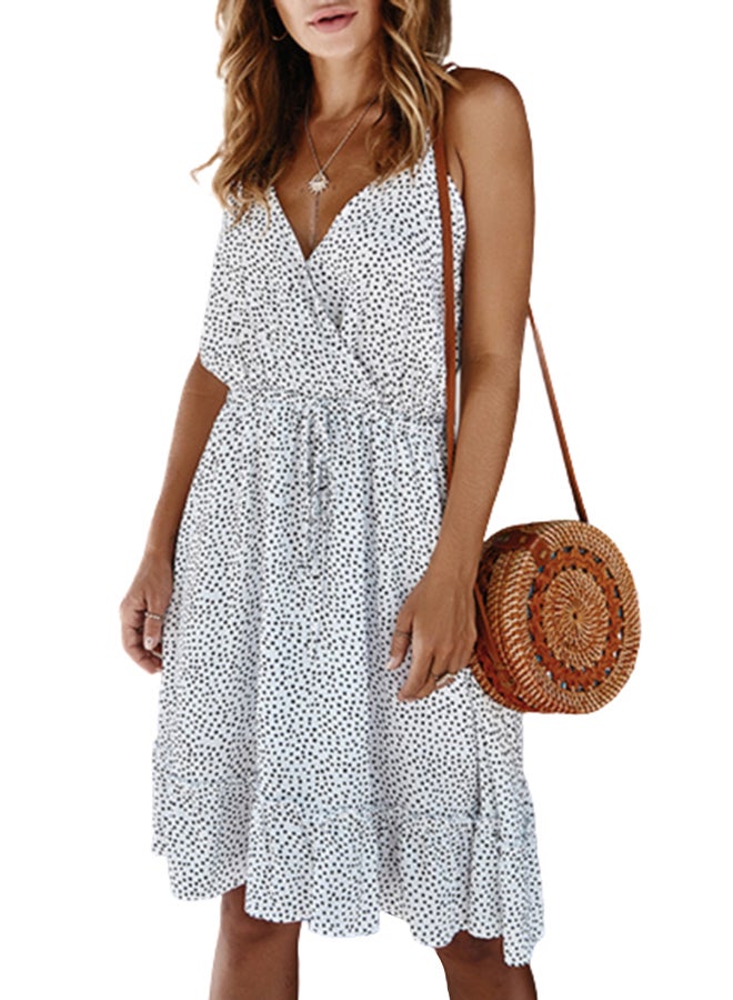 Polka Dot Crossover Plunge Ruffle Dress White - Image 2