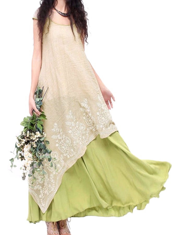 Floral Embroidered Layered Dress Green/Beige/White  - Image 1
