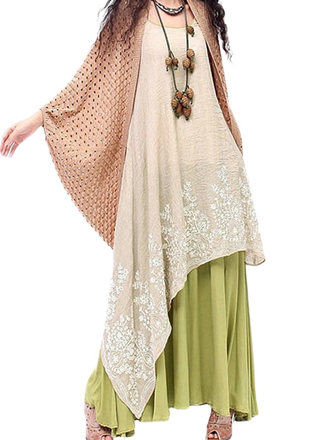 Floral Embroidered Layered Dress Green/Beige/White  - Image 2