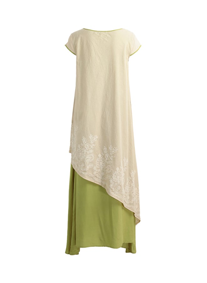 Floral Embroidered Layered Dress Green/Beige/White  - Image 4