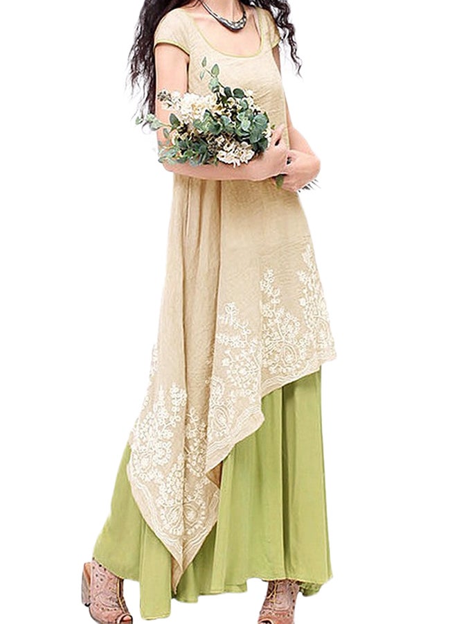 Floral Embroidered Layered Dress Green/Beige/White  - Image 3