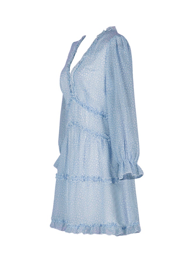 Allover Print Ruffle Dress Blue  - Image 4