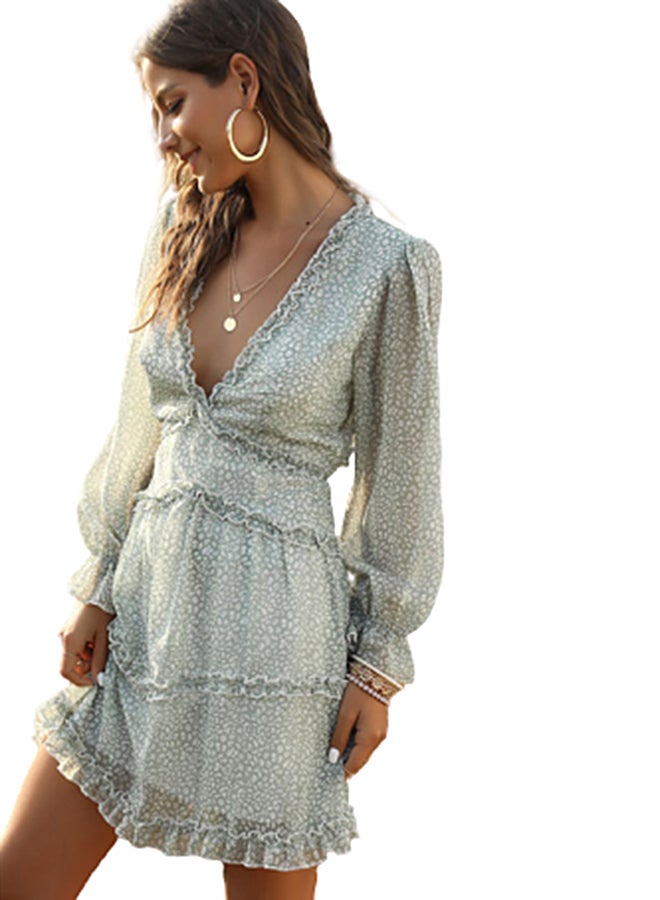 Allover Print Ruffle Beach Dress Green  - Image 5