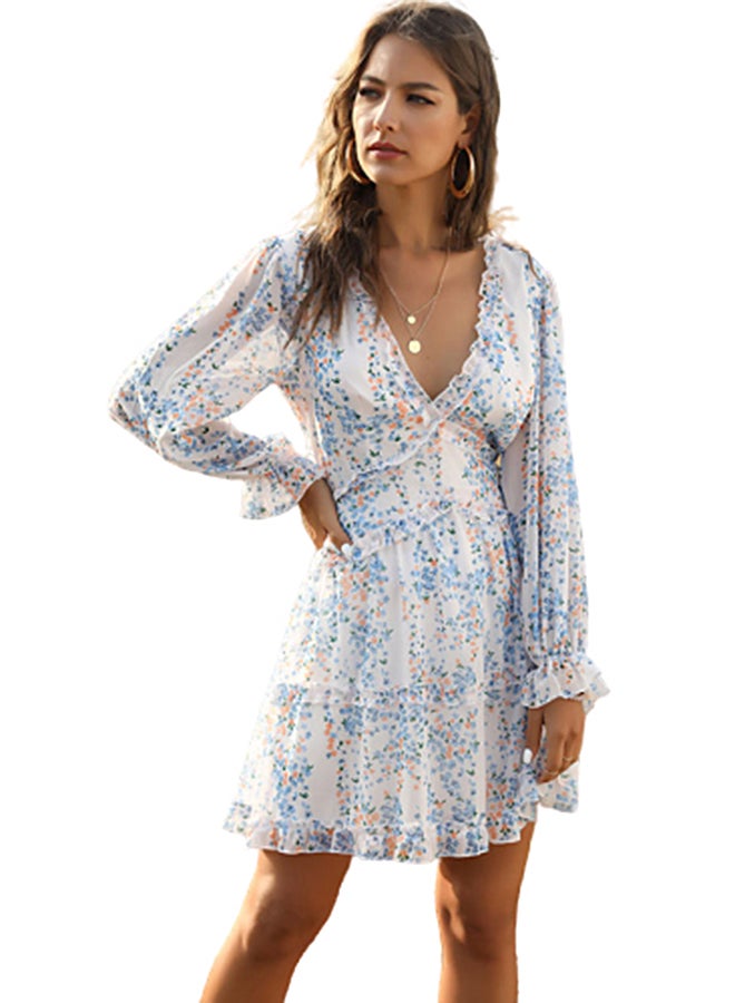 Allover Print Ruffle Dress Blue