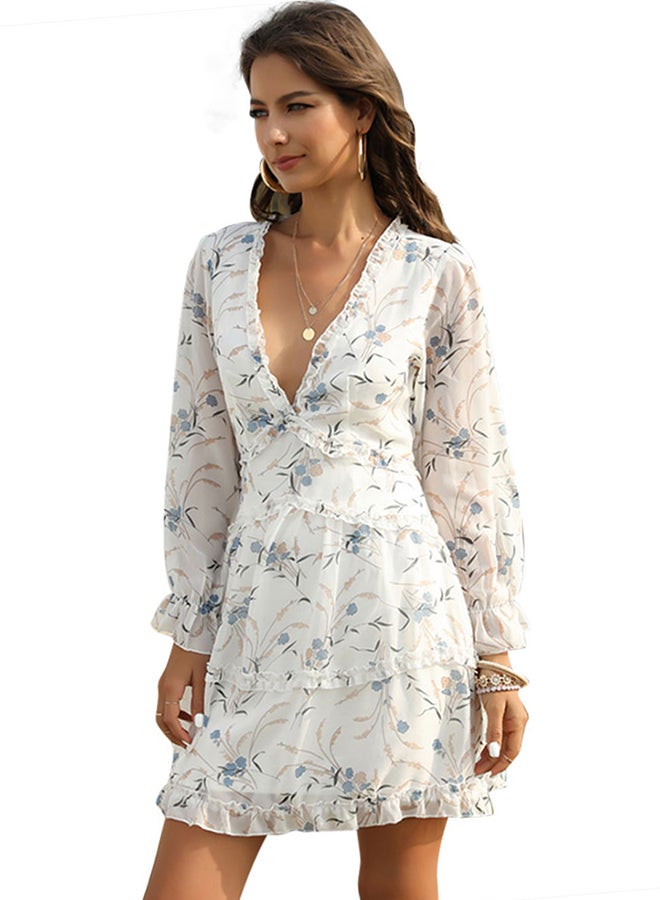 Allover Print Ruffle Beach Dress White  - Image 1