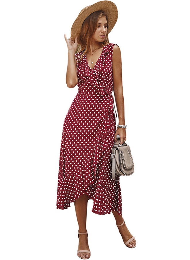 Polka Dot Bohemian Dress Burgundy - Image 1