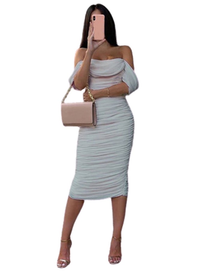Solid Pleated Bodycon Dress White  - Image 3