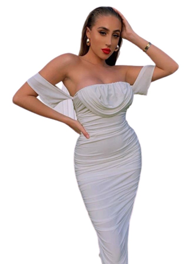 Solid Pleated Bodycon Dress White  - Image 1