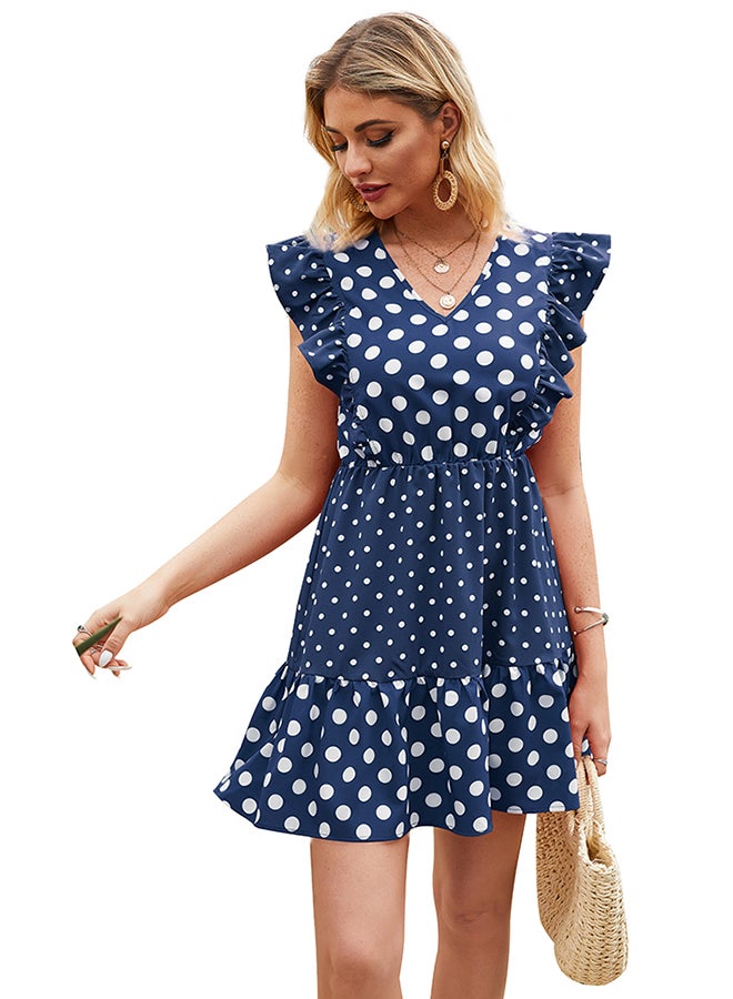 Polka Dot Print Beach Dress Dark Blue - Image 2