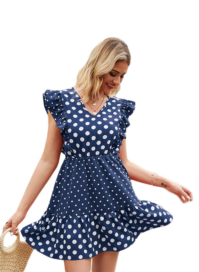Polka Dot Print Beach Dress Dark Blue - Image 4