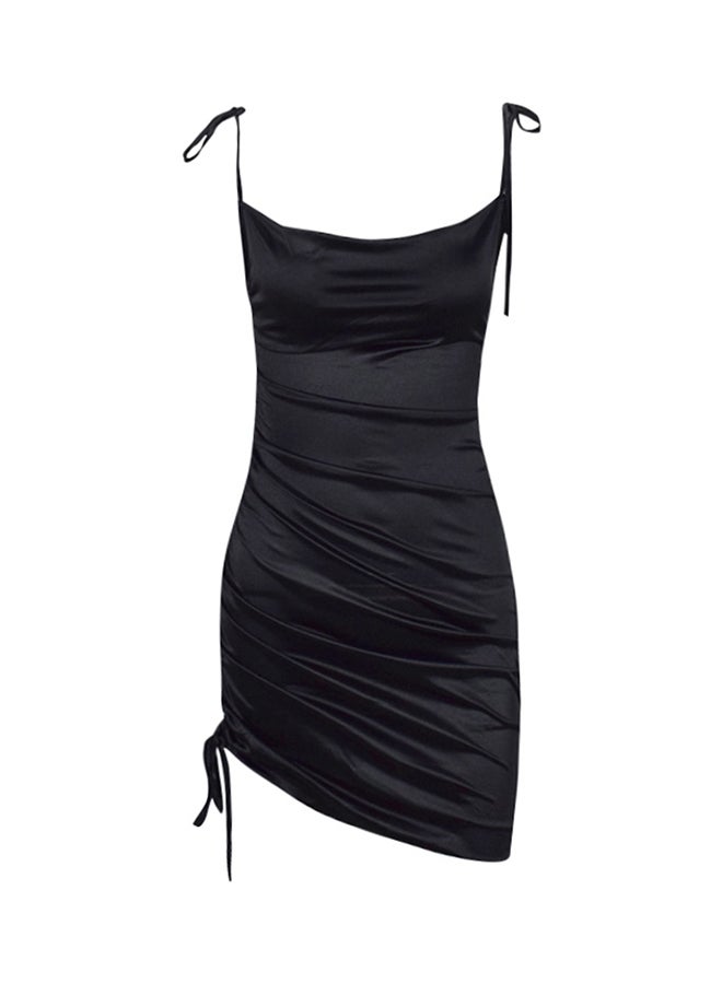 Solid Spaghetti Strap Ruched Drawstring Dress Black  - Image 3
