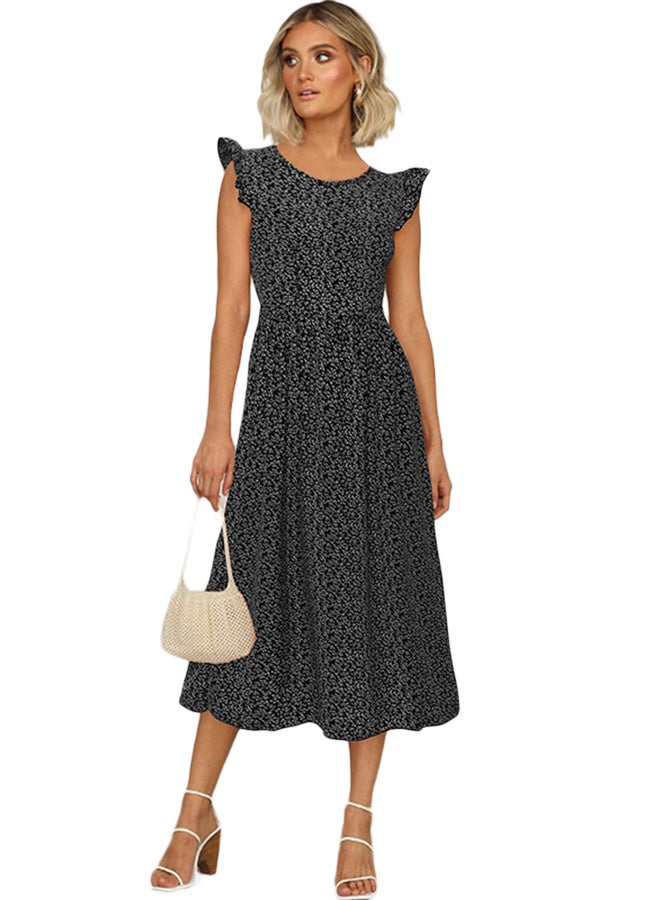 Floral Ruffle Sleeve Flare Dress Black - Image 1