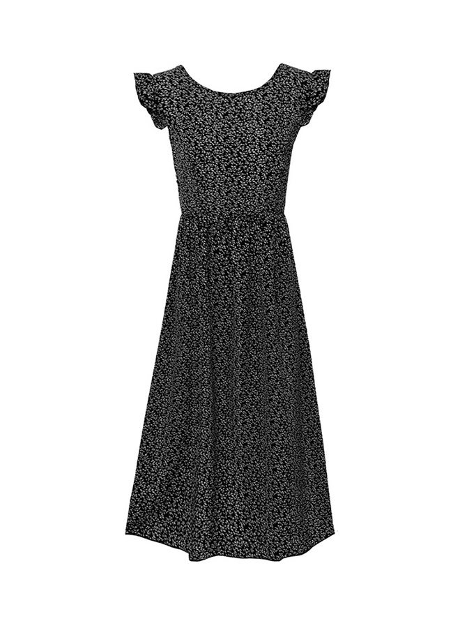 Floral Ruffle Sleeve Flare Dress Black - Image 4