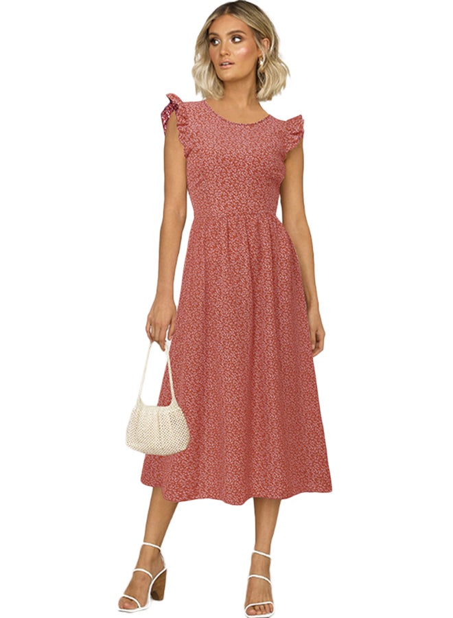 Floral Ruffle Sleeve Flared Dress Red - Image 1