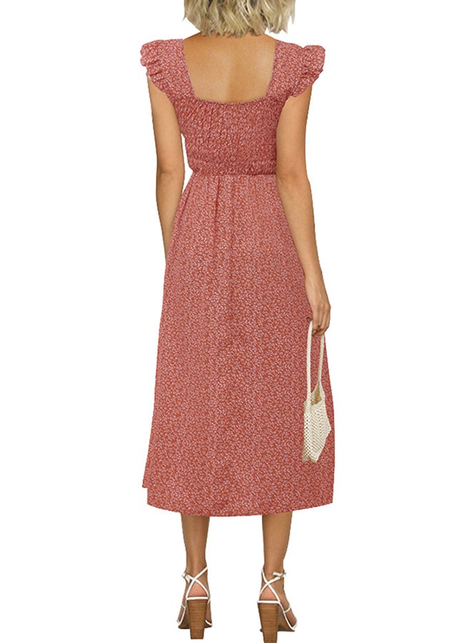 Floral Ruffle Sleeve Flared Dress Red - Image 2