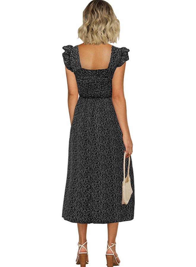 Floral Ruffle Sleeve Flare Dress Black - Image 2