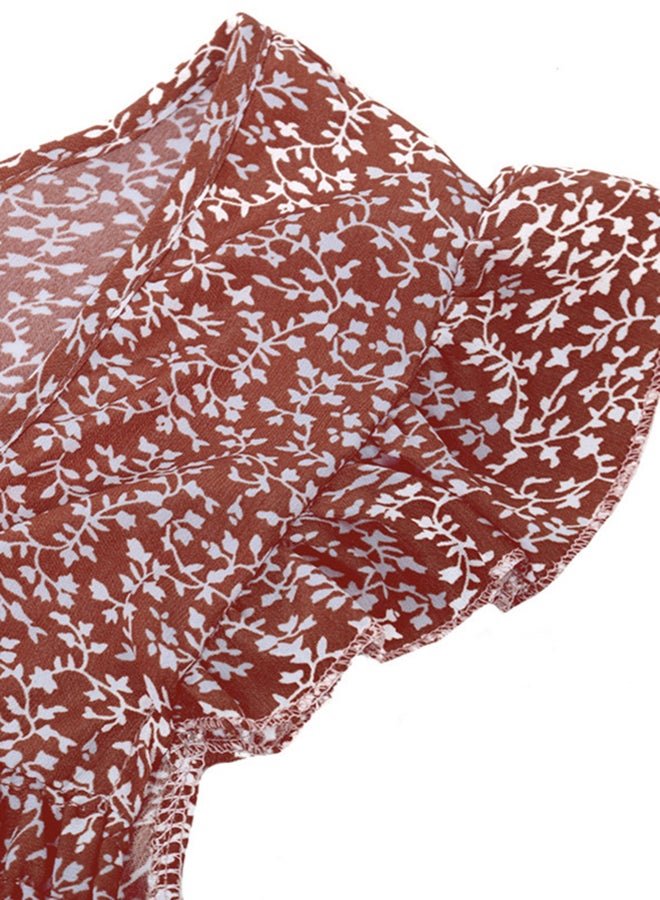 Floral Ruffle Sleeve Flared Dress Red - Image 3