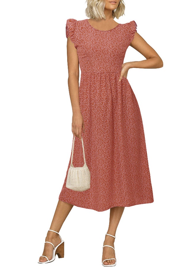 Floral Ruffle Sleeve Flared Dress Red - Image 4
