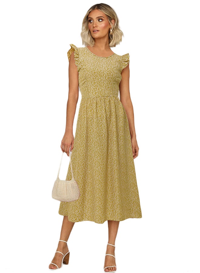 Floral Ruffle Sleeve Flared Dress Yellow - Image 1