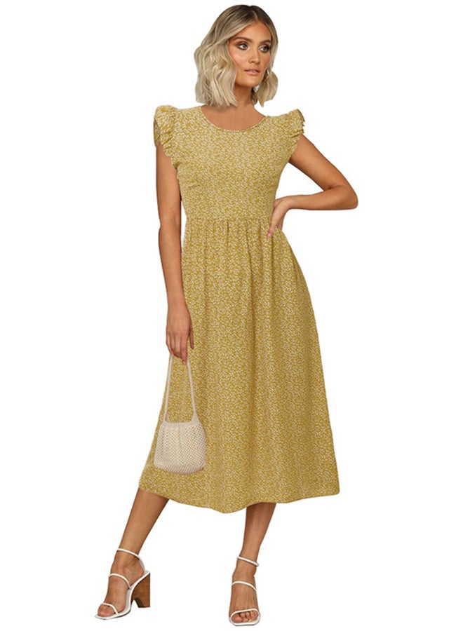 Floral Ruffle Sleeve Flared Dress Yellow - Image 2