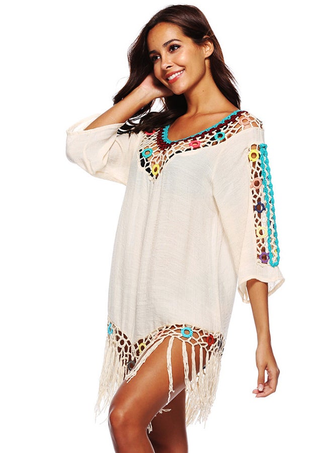 Joychic Hollow-Out Tassels Bikini Cover Up Beige - Image 1