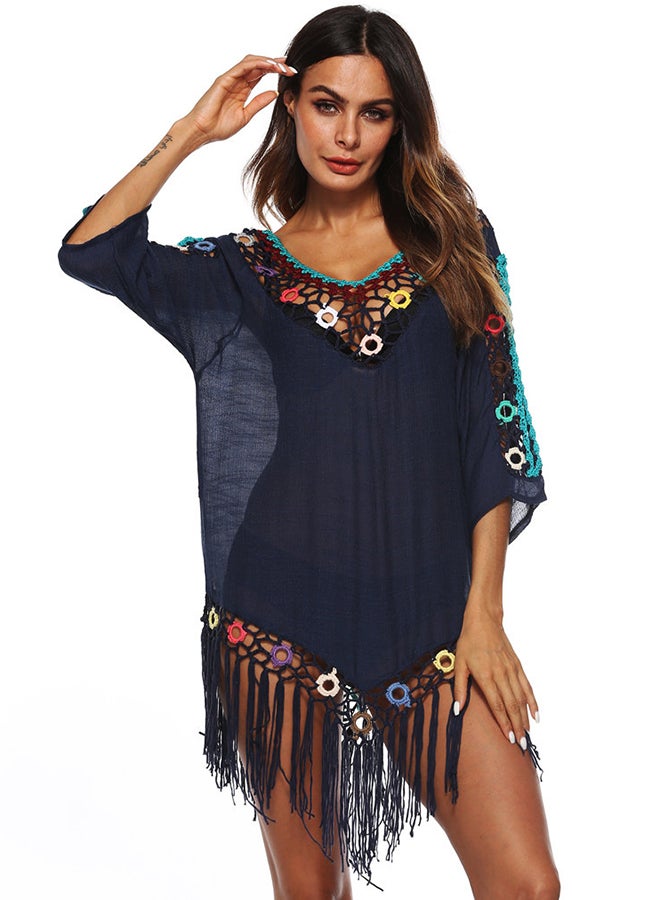 Joychic Hollow-Out Tassels Bikini Cover Up Navy Blue  - Image 1
