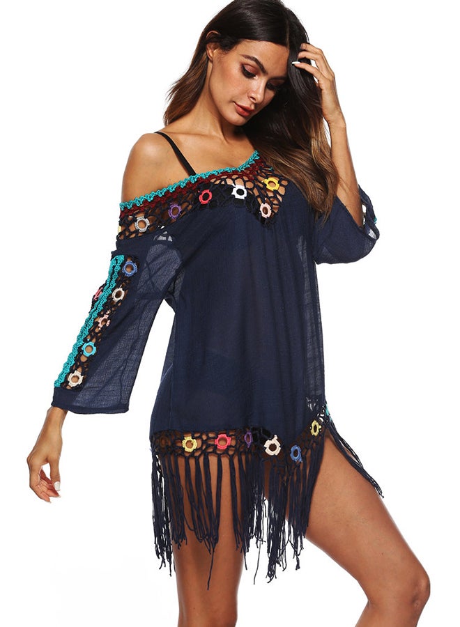 Joychic Hollow-Out Tassels Bikini Cover Up Navy Blue  - Image 4