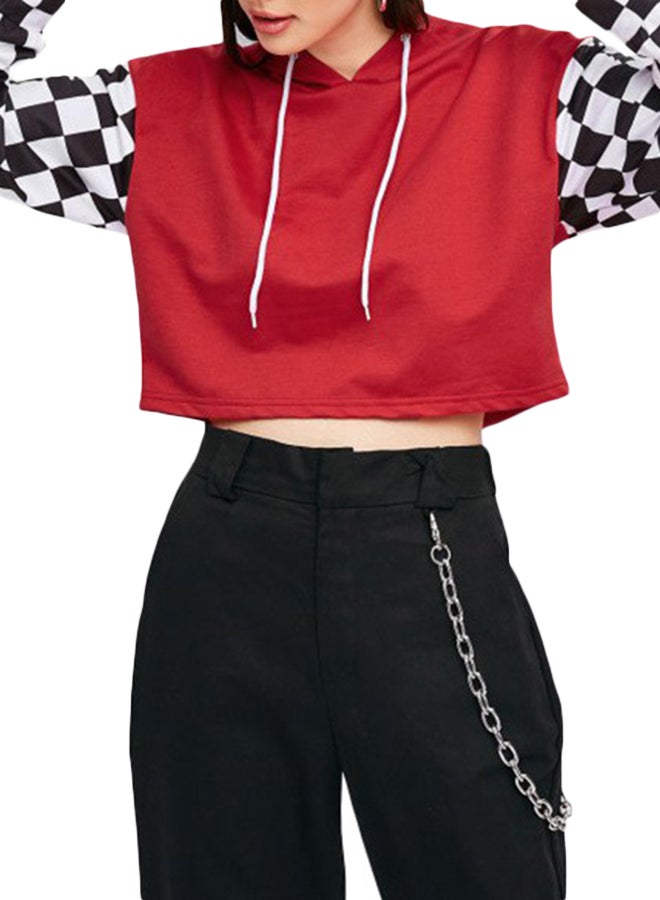 Joychic Contrast Sleeve Cropped Hoodie Red/Black/White - Image 3