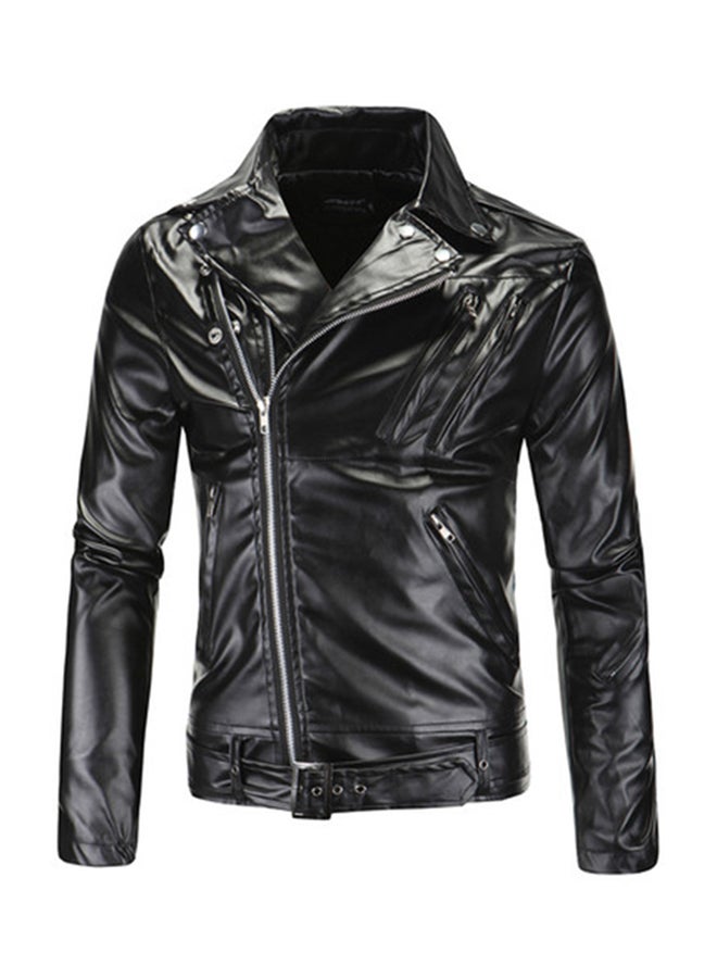 Joychic Solid Zipper Fly Biker Jacket Black  - Image 1