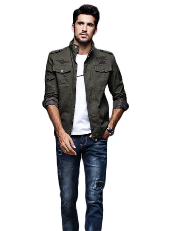 جوي شيك جاكيت بسحاب وياقة قائمة اللون الأخضر العسكري - Image 4