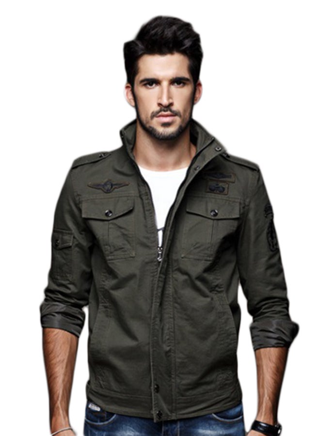 جوي شيك جاكيت بسحاب وياقة قائمة اللون الأخضر العسكري - Image 3