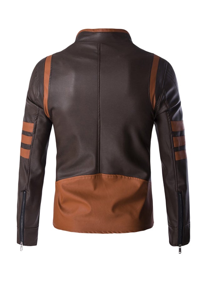 Joychic - Stand Collar Biker Jacket Brown - Image 1