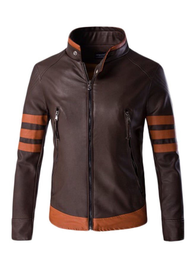 Joychic - Stand Collar Biker Jacket Brown - Image 1