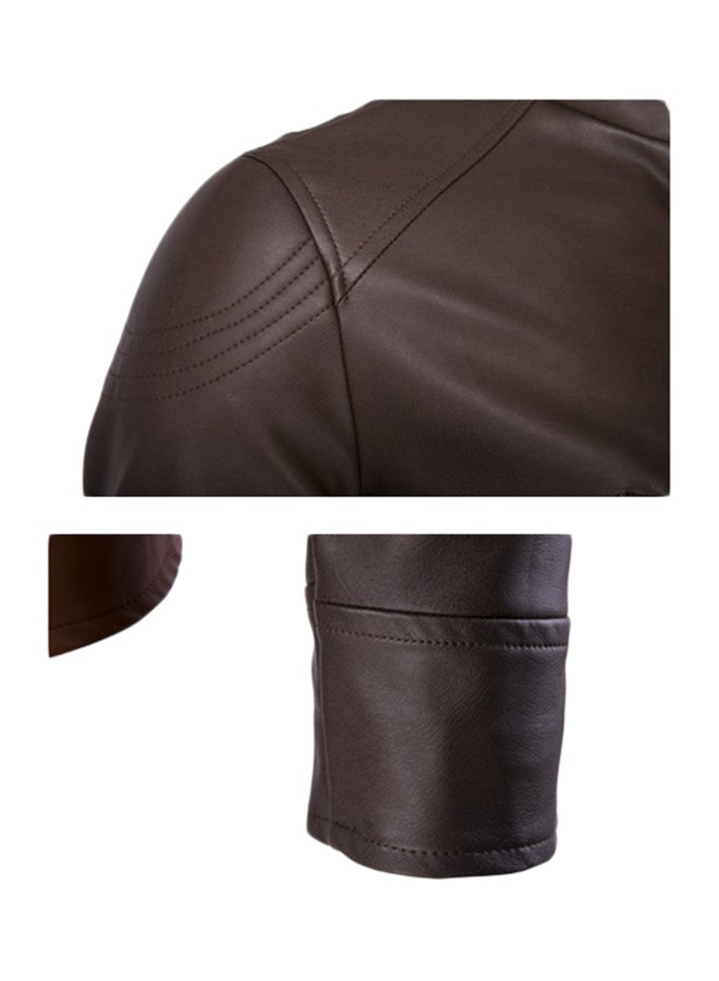 Joychic - Stand Collar Biker Jacket Brown - Image 1