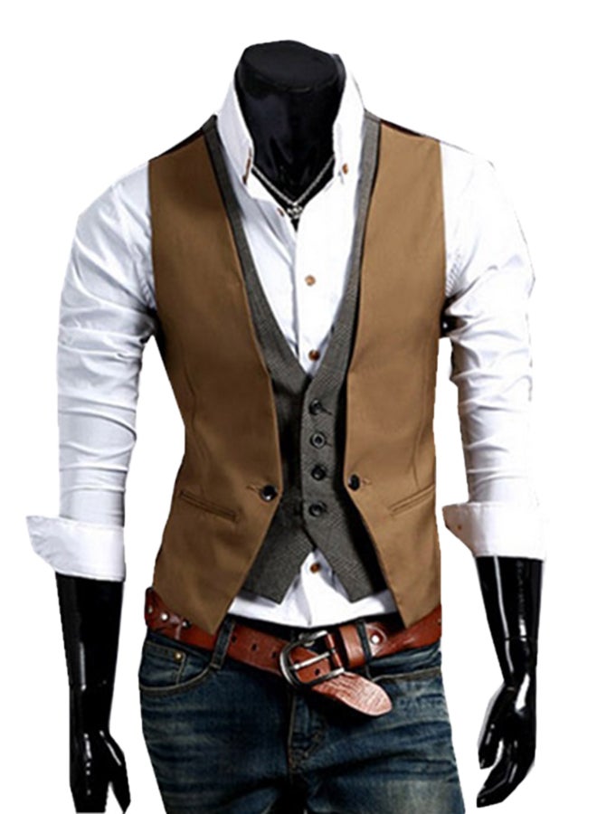 Joychic Solid Buttoned Vest Khaki  - Image 1