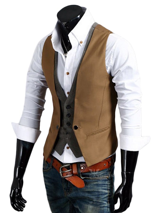 Joychic Solid Buttoned Vest Khaki  - Image 3