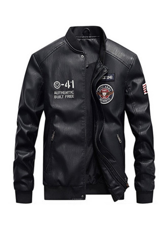 Joychic Embroidered Badge Leather Jacket Black  - Image 1