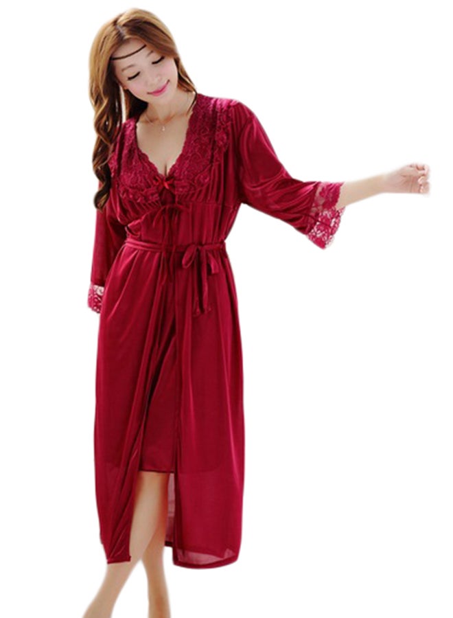 Joychic Lace Trim Nightie and Robe Burgundy  - Image 4