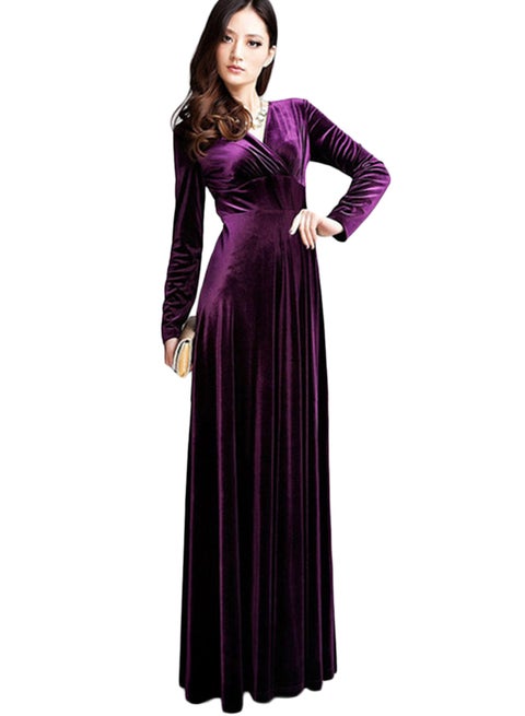 Velvet Flared Maxi Dress Purple
