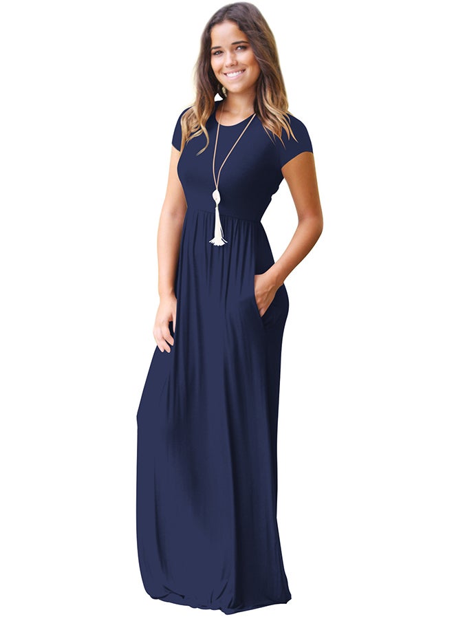 Joychic Round Neck Gathered Dress Navy Blue  - Image 3