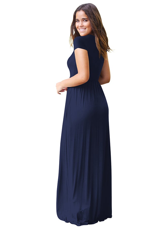 Round Neck Gathered Dress Navy Blue - v1596458347/N39450045V_2