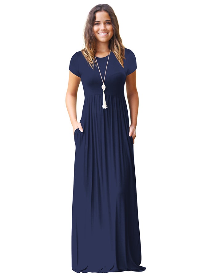 Round Neck Gathered Dress Navy Blue - v1596458347/N39450045V_3