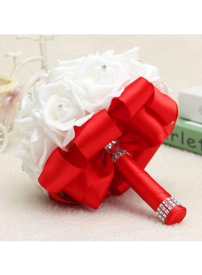 Sharpdo Crystal Studded Artificial Rose Flower Bouquet White/Red 25cm - Image 2