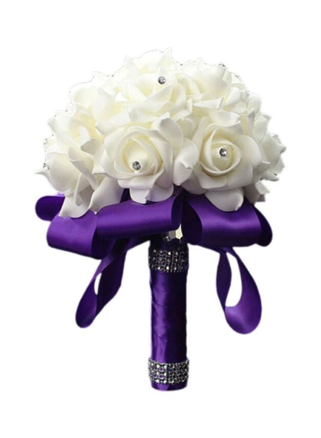 Sharpdo Crystal Studded Artificial Rose Flower Bouquet White/Purple 25cm