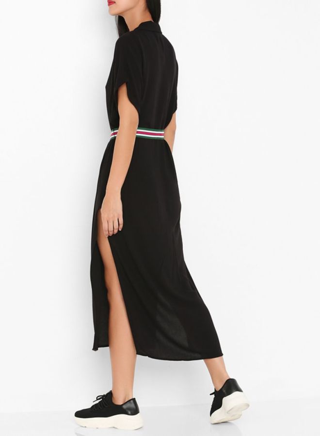 Belted Shirt Solid Design Dress Black