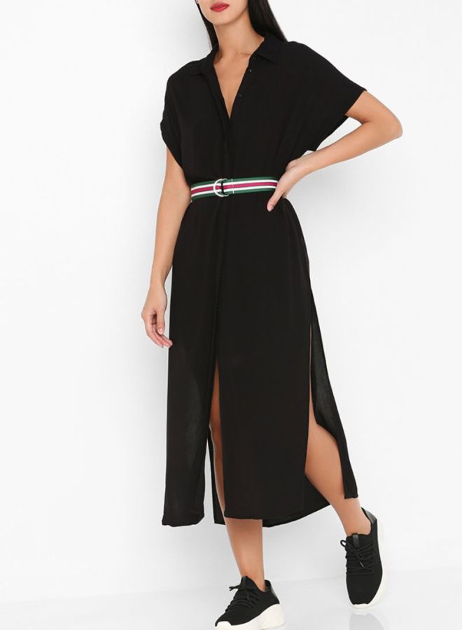 Belted Shirt Solid Design Dress Black
