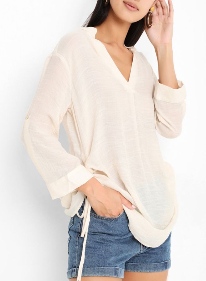 FOREVER 21 V Neck Ruched Side Top Ivory  - Image 1
