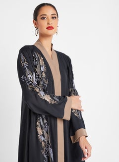 ROZA Front Open Embroidered Abaya Black/Brown/Blue  - Image 3