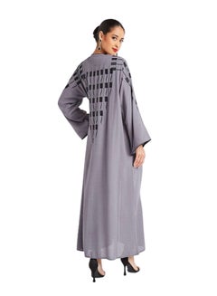 ROZA Front Open Embroidered Sleeve Abaya Grey/Black  - Image 2